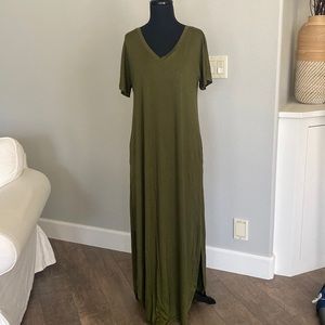 Full length olive green cotton dress with pockets.